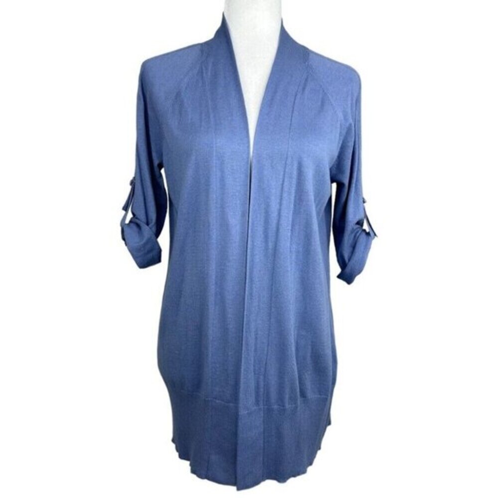 Talbots Women Blue Open Front Cardigan Roll Tab 3/4 Sleeve Cotton Small NEW